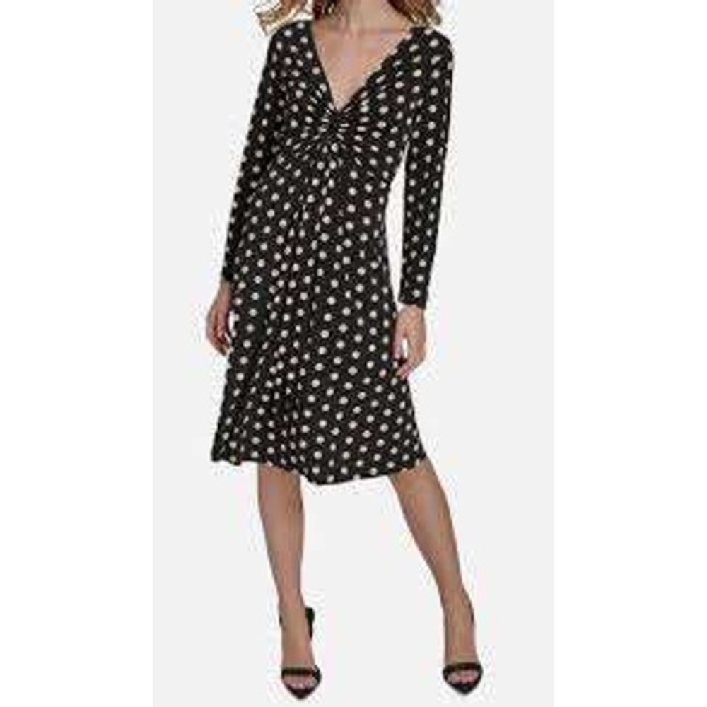 Halston  Polka Dot V-Neck Ruched Waist Long Sleeve‎ Midi Dress Black XL